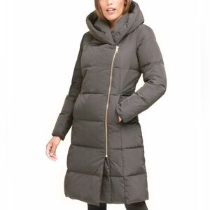 Cole Haan Hooded Puffer Jacket Gray Women’s Size Small Knee Length Down Coat